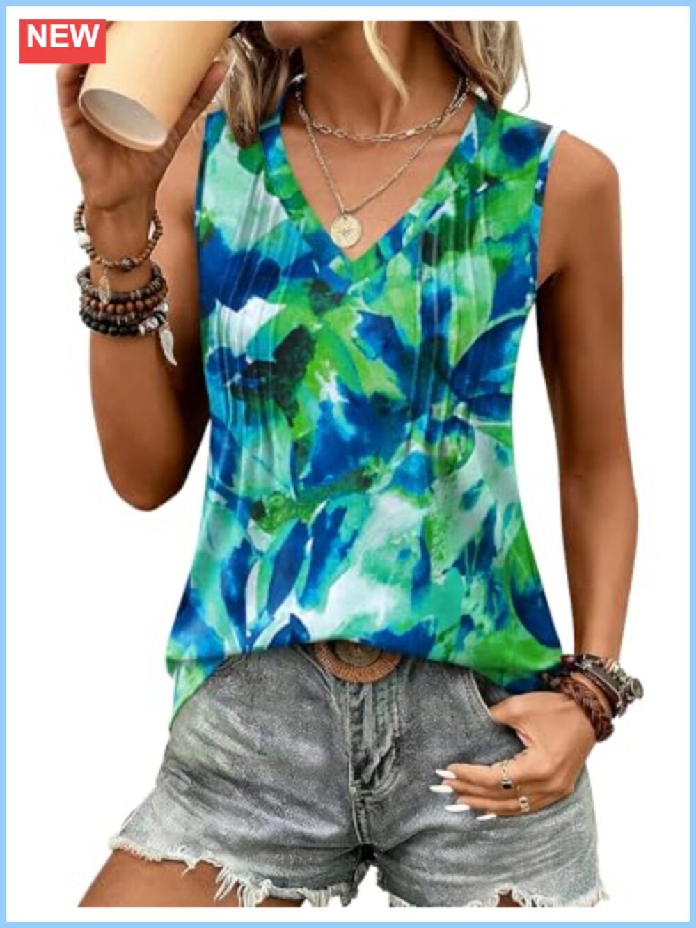 Loose Fit V Neck Sleeveless Tank Top Pleated Tunic Summer